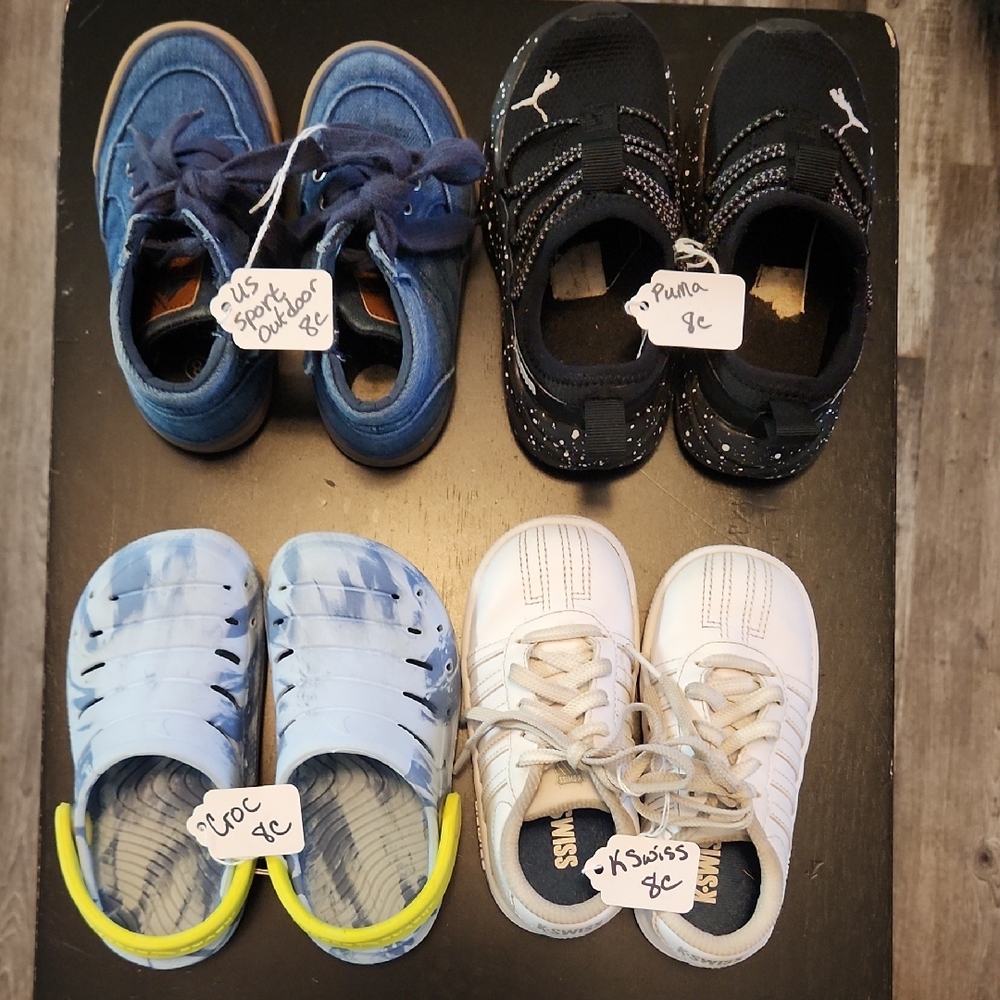 4 Pair Size 8c Boys ShoesPuma, Kswiss, Rugged Shark (Croc), and US Outdoor Brand